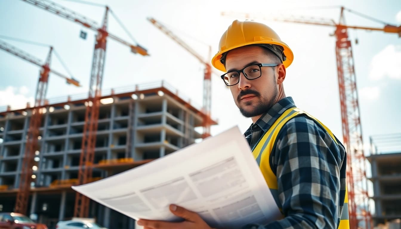Building developer reviewing plans during a construction project, exemplifying modern development.