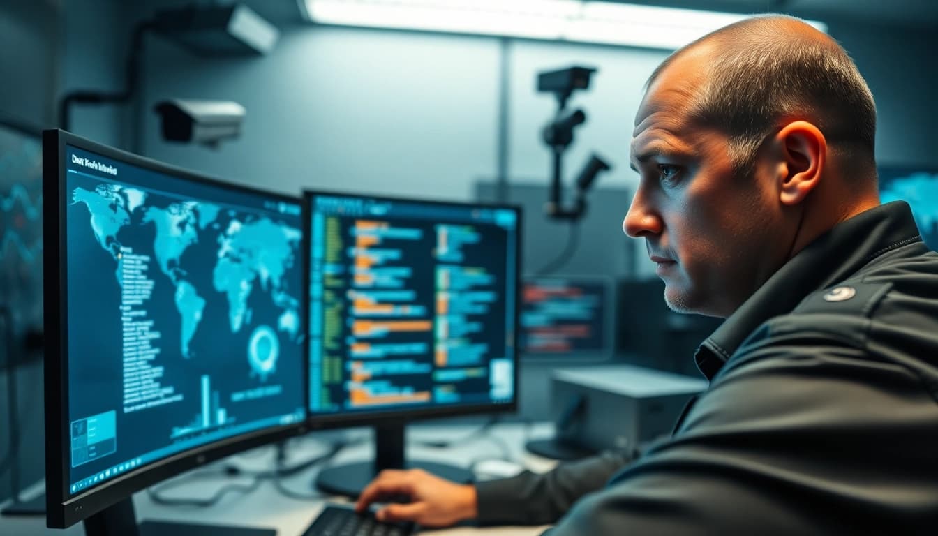 The hidden wiki represented through a law enforcement officer analyzing dark web data in a high-tech lab.