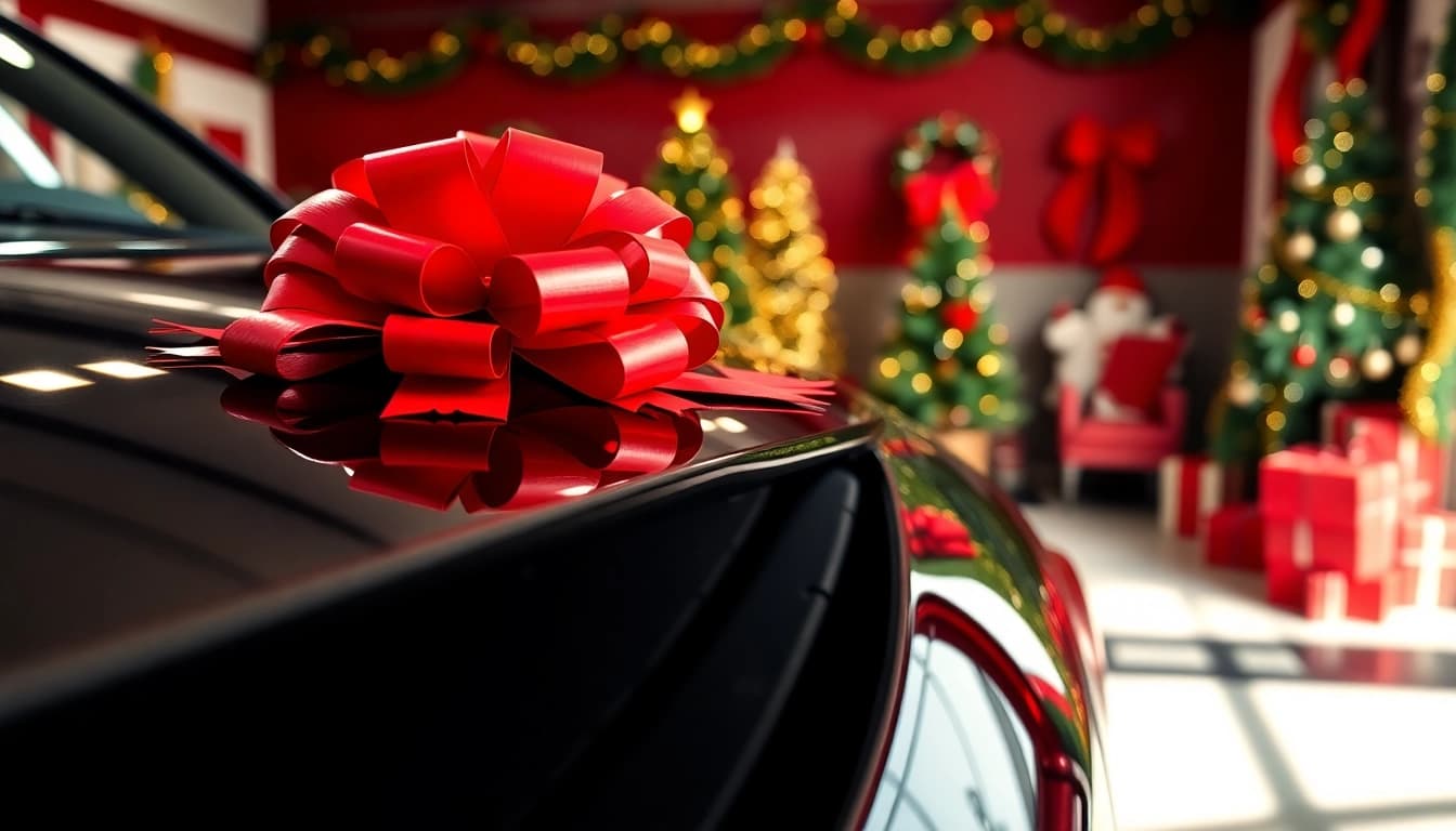 Presenting a Christmas car detailing gift featuring a shiny car adorned with a festive red bow.