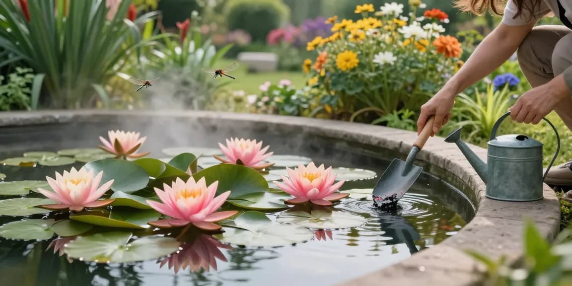 Water Lilies blooming in a serene garden pond, with a gardener beautifying the area.