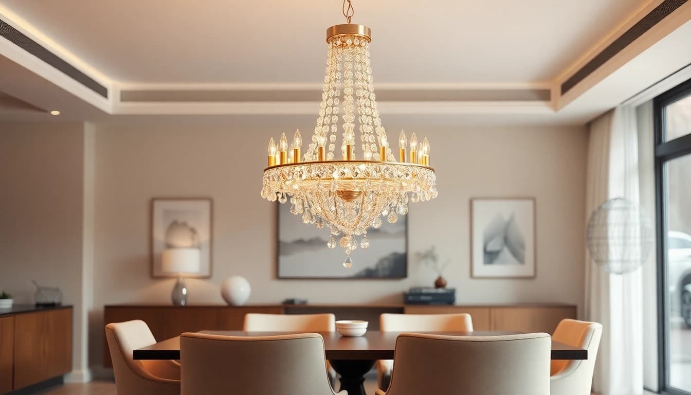 Elegant island chandelier illuminating a modern dining room with warm ambiance and luxurious details.