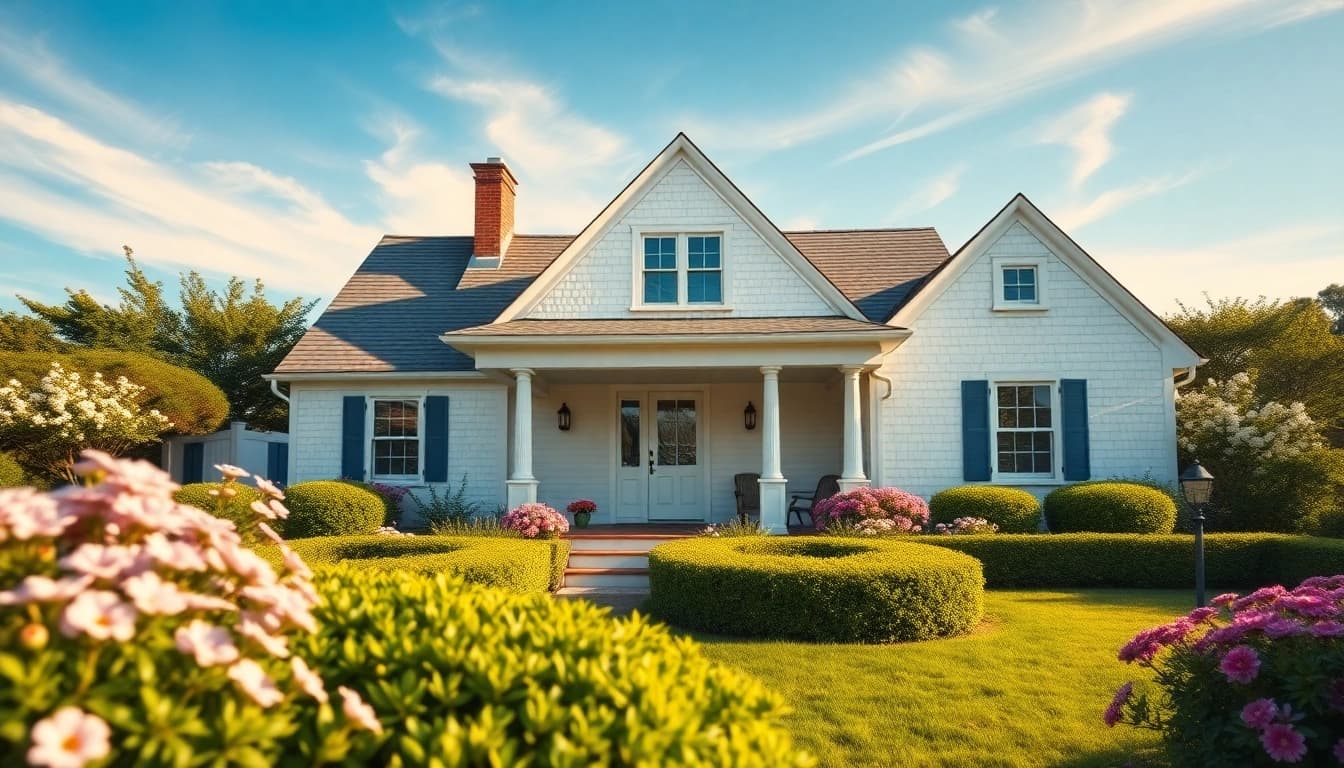 A picturesque cape cod home nestled in a vibrant garden filled with flowers under a clear sky.