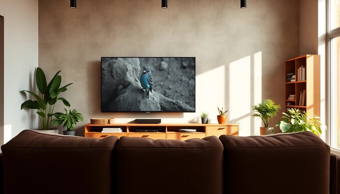 Engaging living room with iron tv on display for a cozy viewing experience.