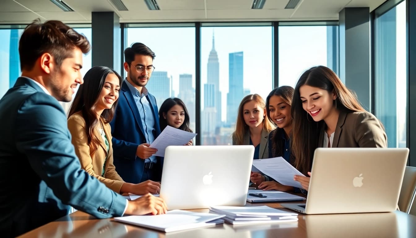 Job seekers collaborating to find new york jobs in a vibrant New York City office.