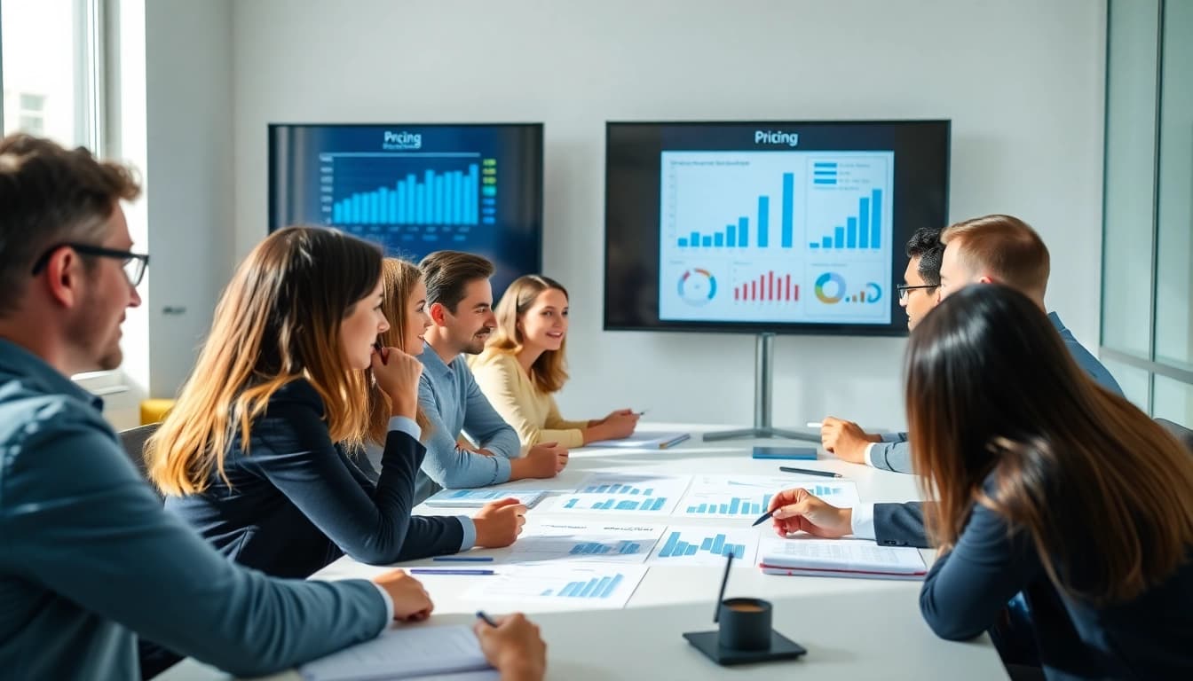 Analyze competitor pricing strategies during a business meeting with diverse professionals and charts.