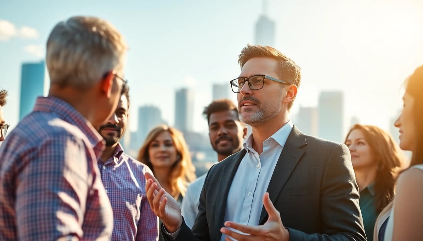 Explore founder leadership insights with a business leader engaging a team in a vibrant outdoor setting.