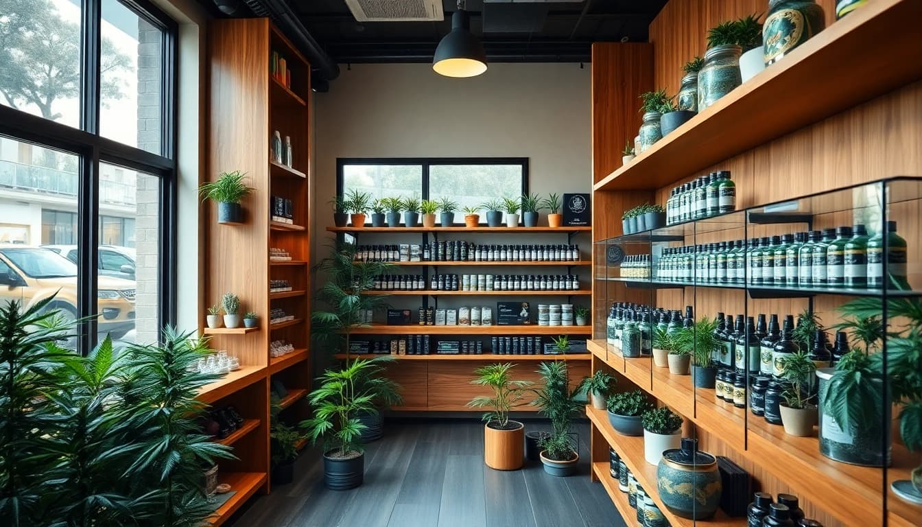 Les produits du Green Guyz club cannabis madrid exposés dans une boutique moderne.