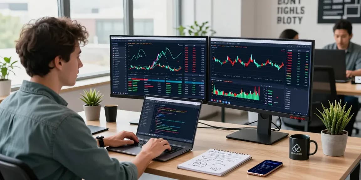Developer utilizing US algo trading stock API in a modern workspace with trading dashboards and collaborative tech elements.