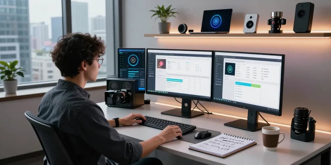 AI detector interface displayed on monitors in a modern tech workspace for content moderation analysis.