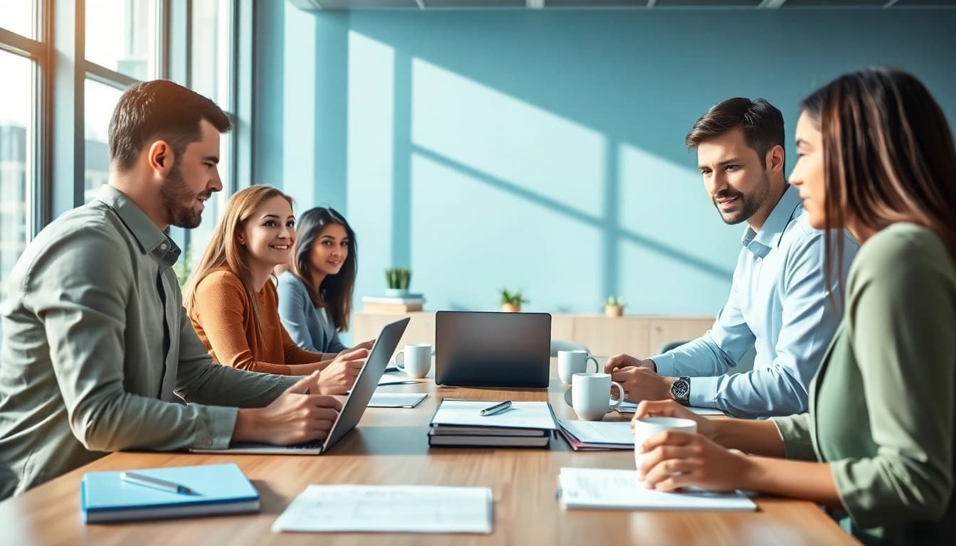 Collaboration in proposal writing and management with a diverse business team in a modern office.