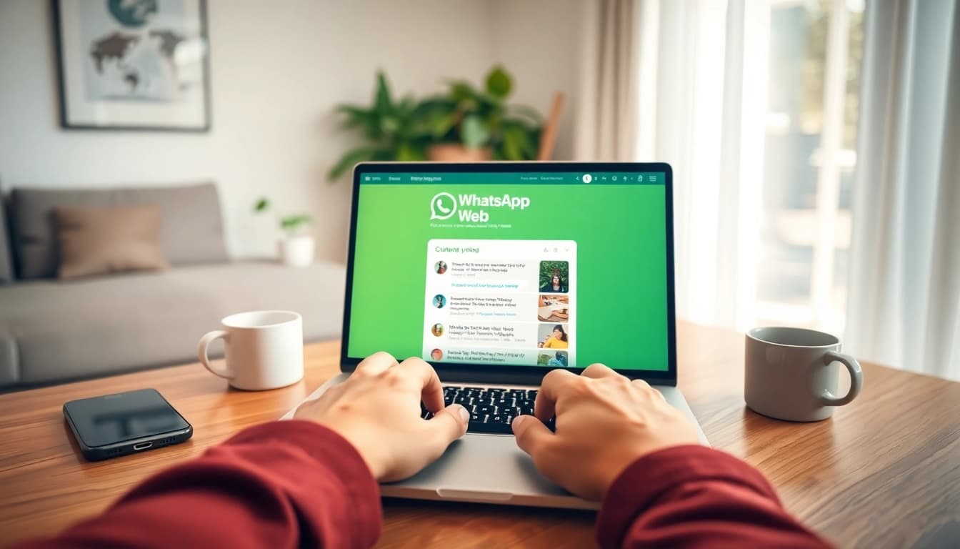 生动的居家办公场景，展示用户使用 WhatsApp Web，凸显现代连接性与工作效率。
