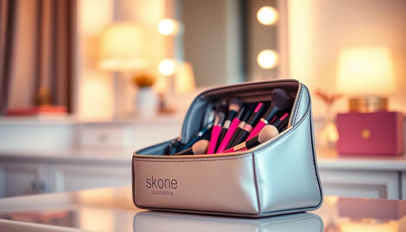 Showcasing the skone cosmetics signature makeup bag filled with vibrant makeup essentials.