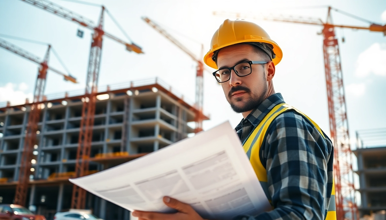 Building developer reviewing plans during a construction project, exemplifying modern development.