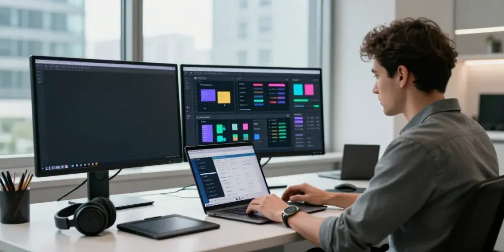 Engaging workspace of a content creator using an AI content creation platform with dual monitors, laptop, and digital tools.