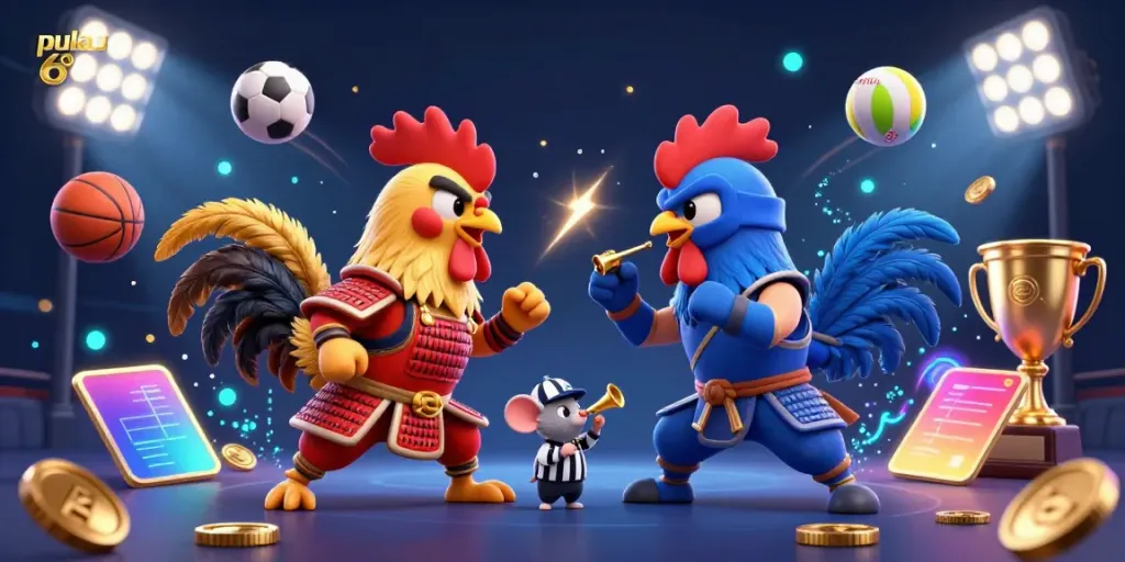Engage in the excitement of pulau 69 with a dynamic standoff featuring cartoon fighting roosters and vibrant sports elements.
