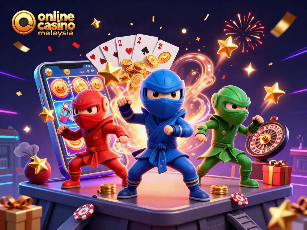 Experience thrills at an online casino Malaysia with a vibrant scene of playful chameleon ninjas and exciting gaming elements.