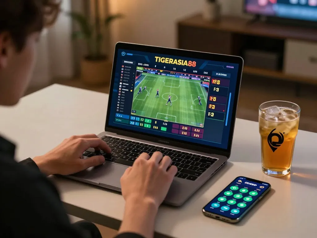 TIGERASIA88 user placing sports bets on a laptop with live odds displayed.