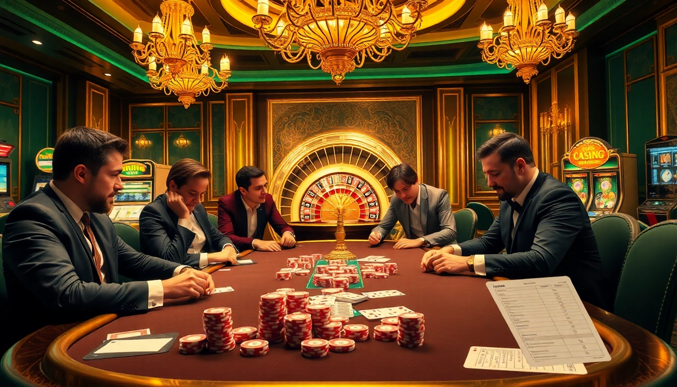 Scène palpitante de jeu de poker représentant meilleure casino en ligne avec une atmosphère vibrante et des joueurs professionnels.