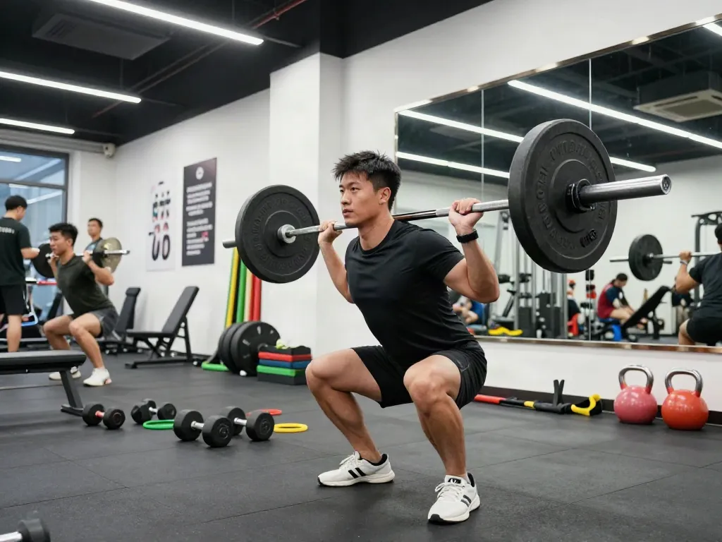 Bodybuilder performing a squat, showcasing strength as he aims to comprare steroidi muscoli in italia for enhanced performance, surrounded by gym equipment.