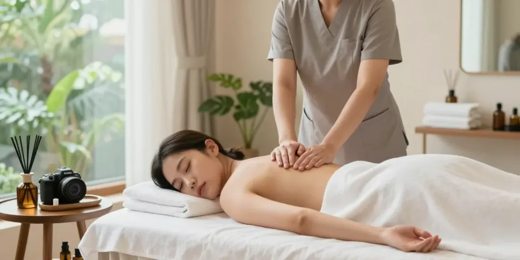 Serene spa environment featuring a 성북구출장마사지 session for relaxation.