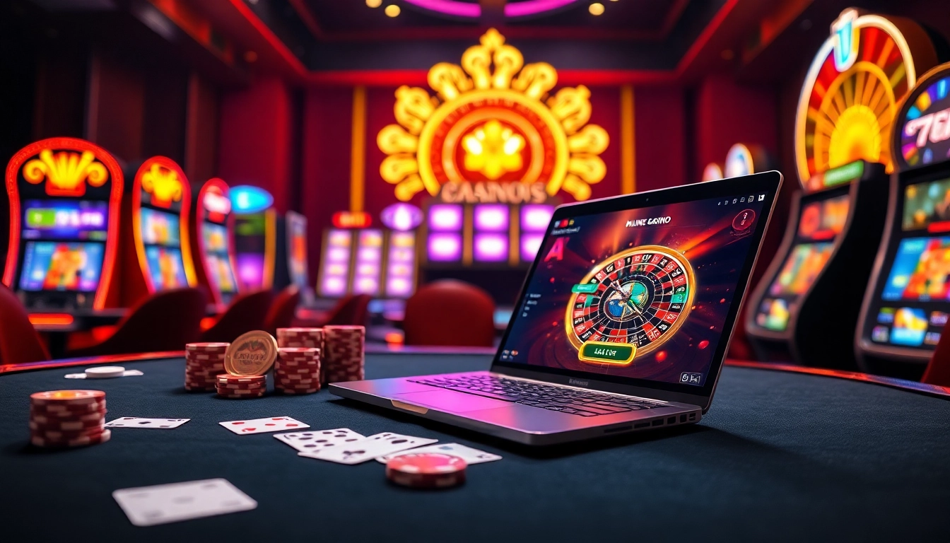 Scène excitante de casino en ligne argent réel avec table de poker, roulette, et machines à sous vibrantes.