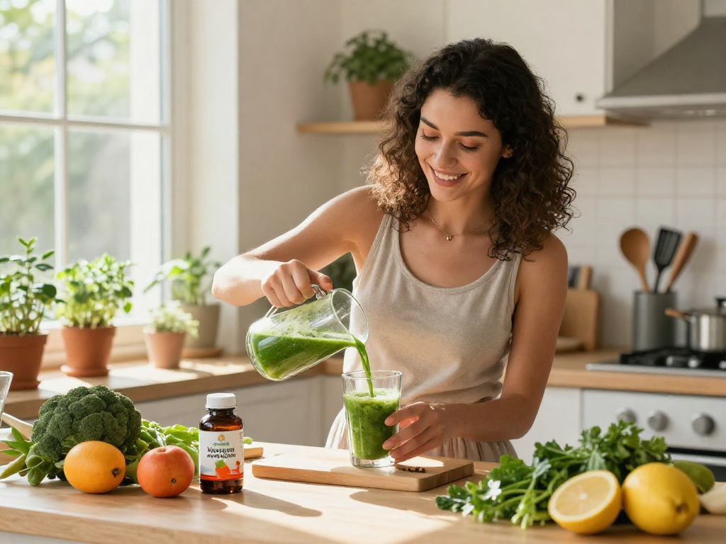 A young woman preparing a smoothie with a vegan astaxanthin supplement at her kitchen counter filled with fresh ingredients.