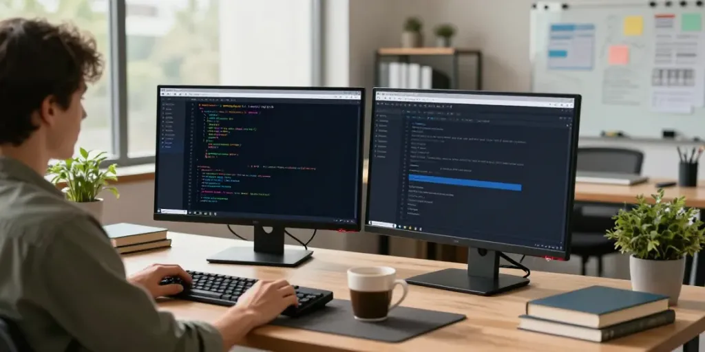 Programmer using Notepad++ in a modern office setup with dual monitors and cozy lighting.