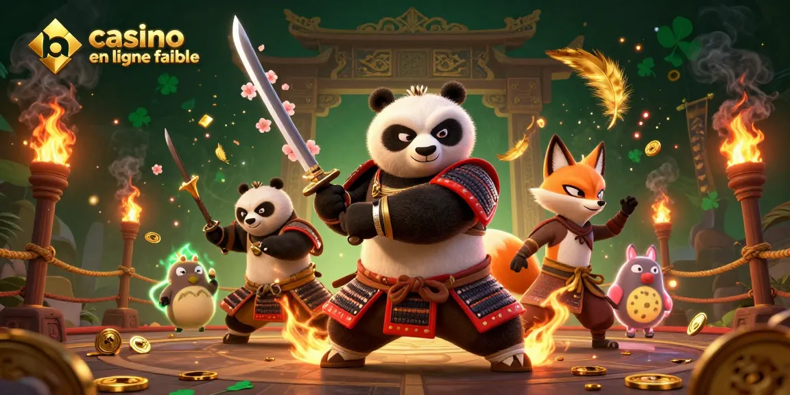 Jouez sur un casino en ligne fiable tout en admirant un samouraï panda révélateur et un renard ninja dans une arène de combat animée.