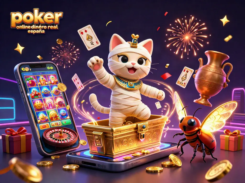 Juega al póker online con dinero real en España en una escena vibrante con un gato momia y elementos de casino.