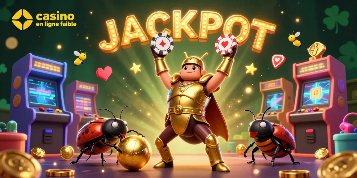Illustration artistique d'une scène de casino en ligne fiable avec un scarabée en armure dorée, des jeux et une ambiance dynamique.