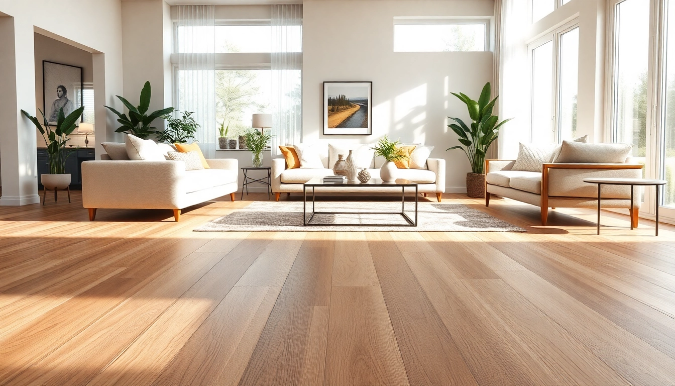 Beautiful living room featuring vinyl plank flooring in warm taupe tones, showcasing modern decor.