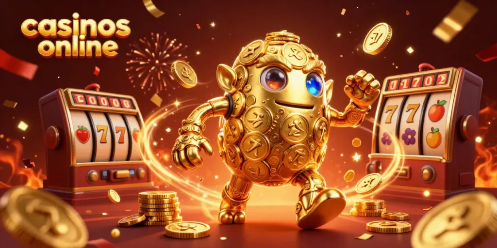 Disfruta de casinos online con un golem dorado rodeado de símbolos de tragamonedas y confeti dorado.
