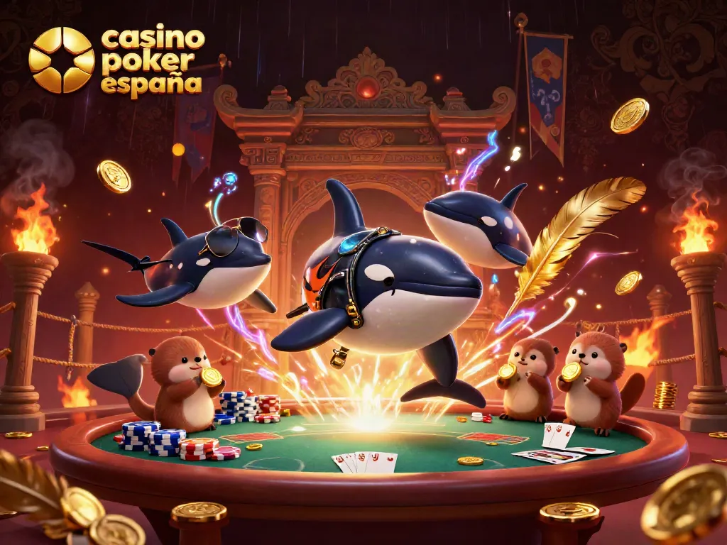 Disfruta del emocionante casino póker online España con una ilustración vibrante y dinámica de ganancias y personajes divertidos.