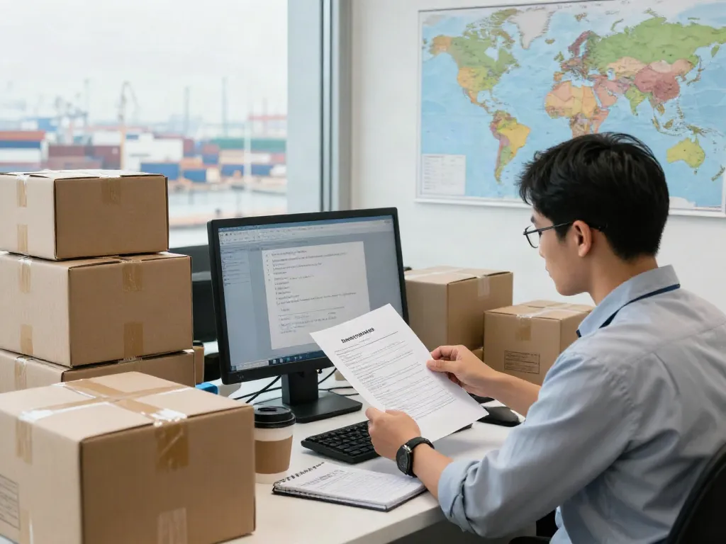 Professioneller Zollabwickler analysiert Importdokumente für die Import-Zollabwicklung.