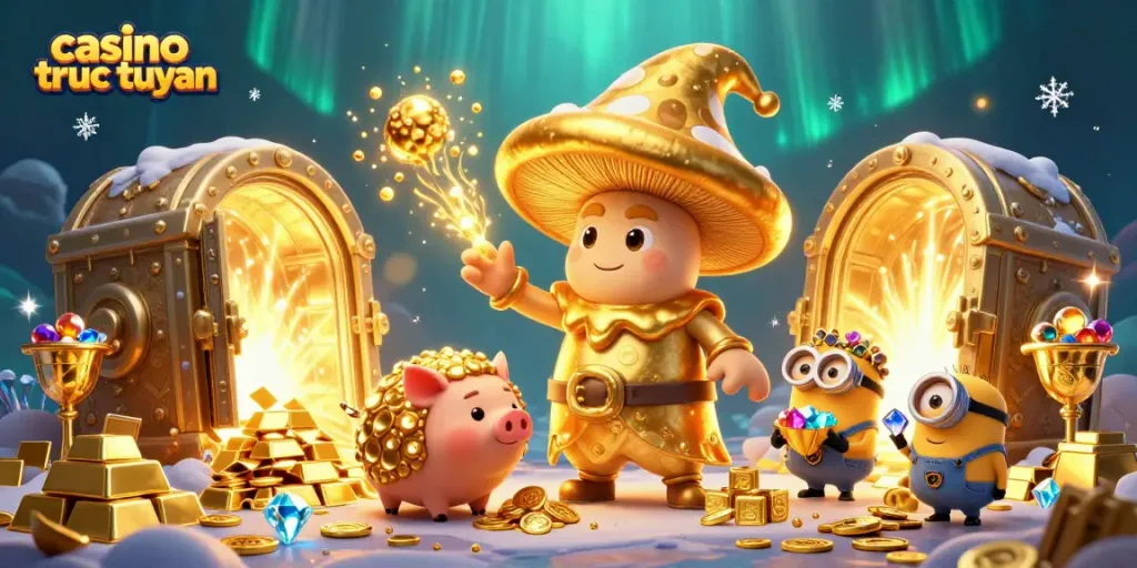 Chơi casino trực tuyến với hình ảnh sống động về pháp sư nấm vàng biến mọi thứ thành vàng.