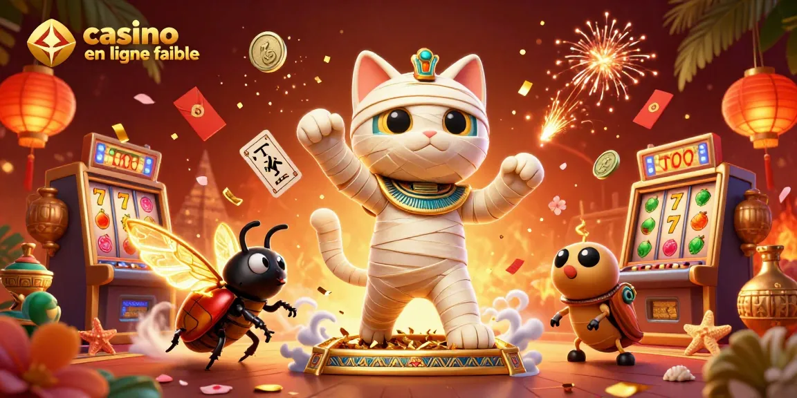 Aperçu d'une expérience de casino en ligne fiable avec un chat momie égyptien et des symboles de chance.