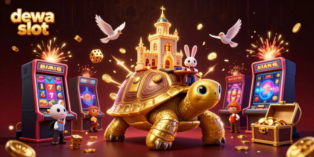 Ilustrasi kasino 3D menampilkan dewa slot dengan kura-kura emas dan dealer kelinci di meja kartu