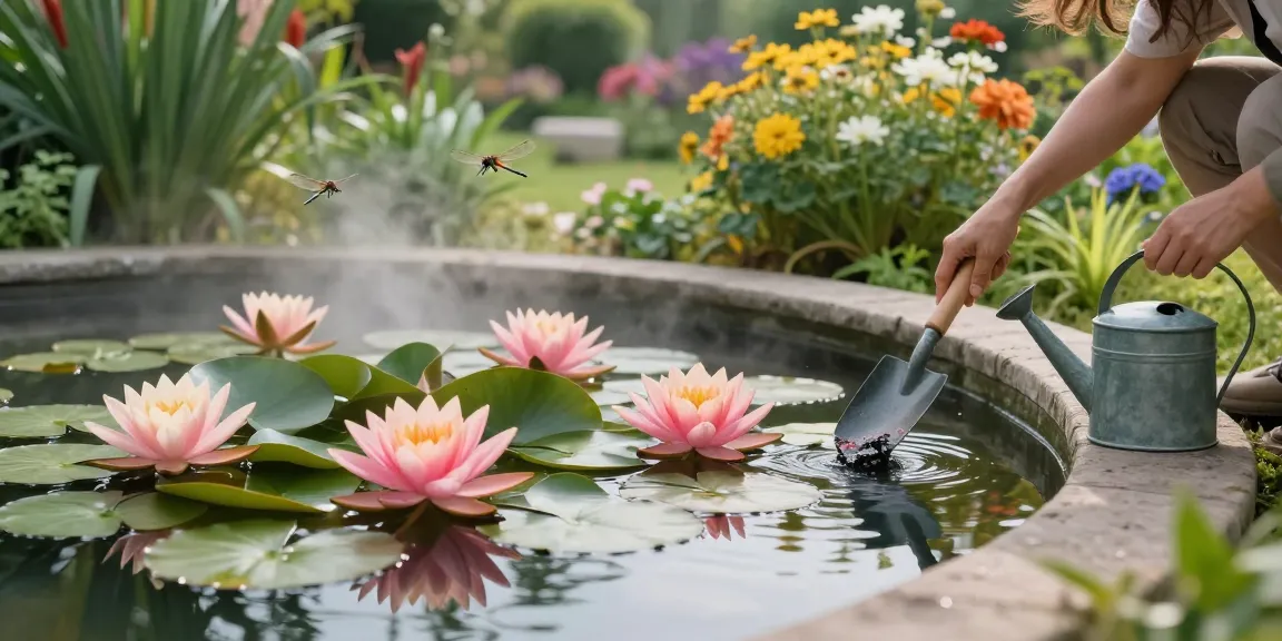 Water Lilies blooming in a serene garden pond, with a gardener beautifying the area.
