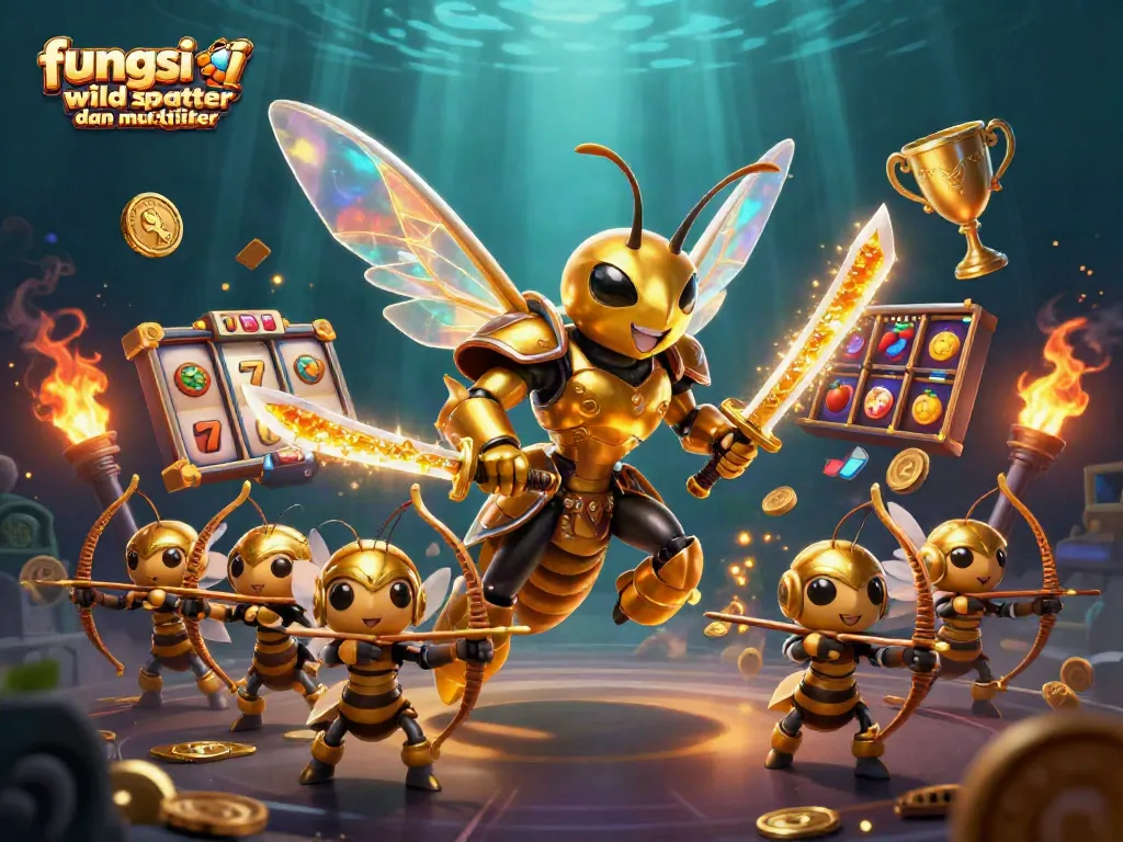Ilustrasi fungsi wild scatter dan multiplier di slot online dengan elemen dinamis dan karakter kartun 3D.
