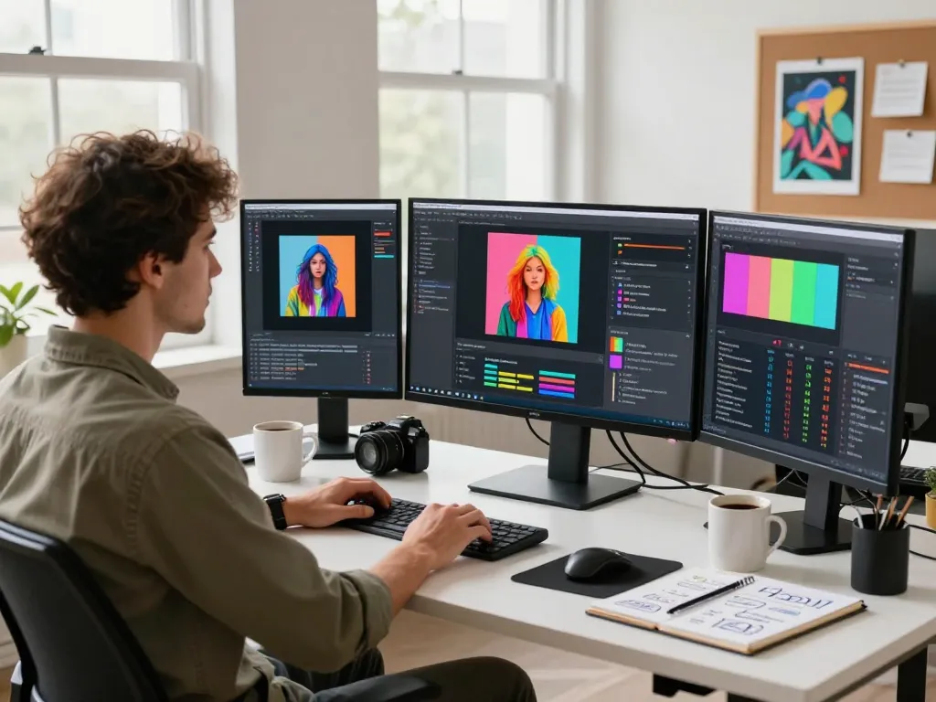 Engineer generating image to prompt ai in a vibrant workspace with multiple screens.