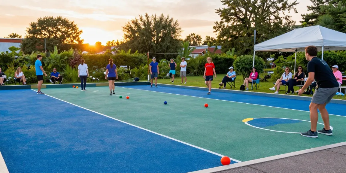 Permainan petanque di lapangan FOPI Kota Palopo pada saat matahari terbenam, menggambarkan kebersamaan dan semangat olahraga, fopikotapalopo.org.