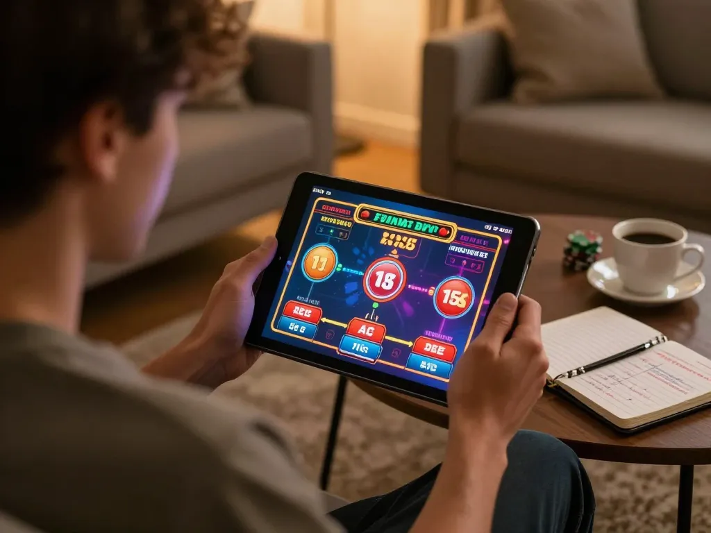 Player engaging with casinò online europei games on a tablet in a cozy home setting with strategy notes.