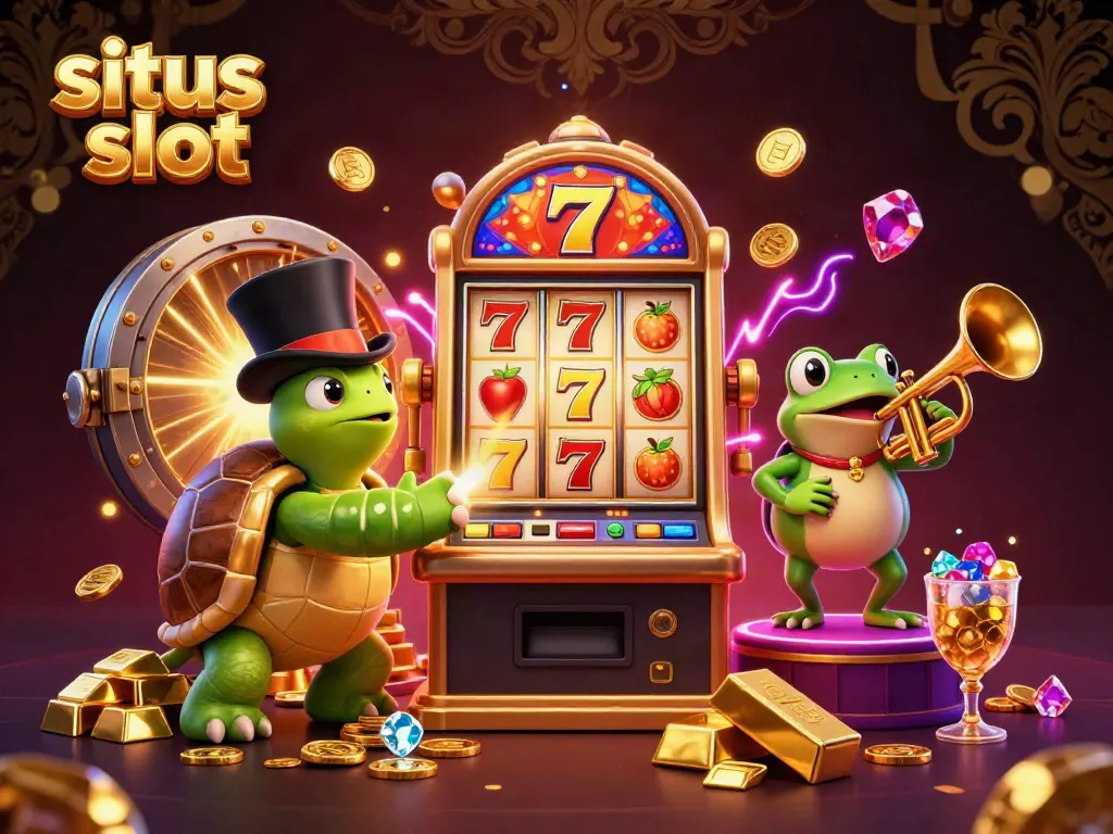 Experience winning thrills at situs slot with a vibrant slot machine and characters in a rich casino scene.