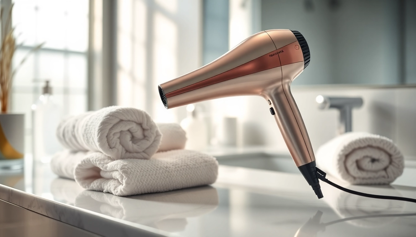 Ionic hair dryer elegantly positioned on a stylish bathroom counter, showcasing its sleek design.