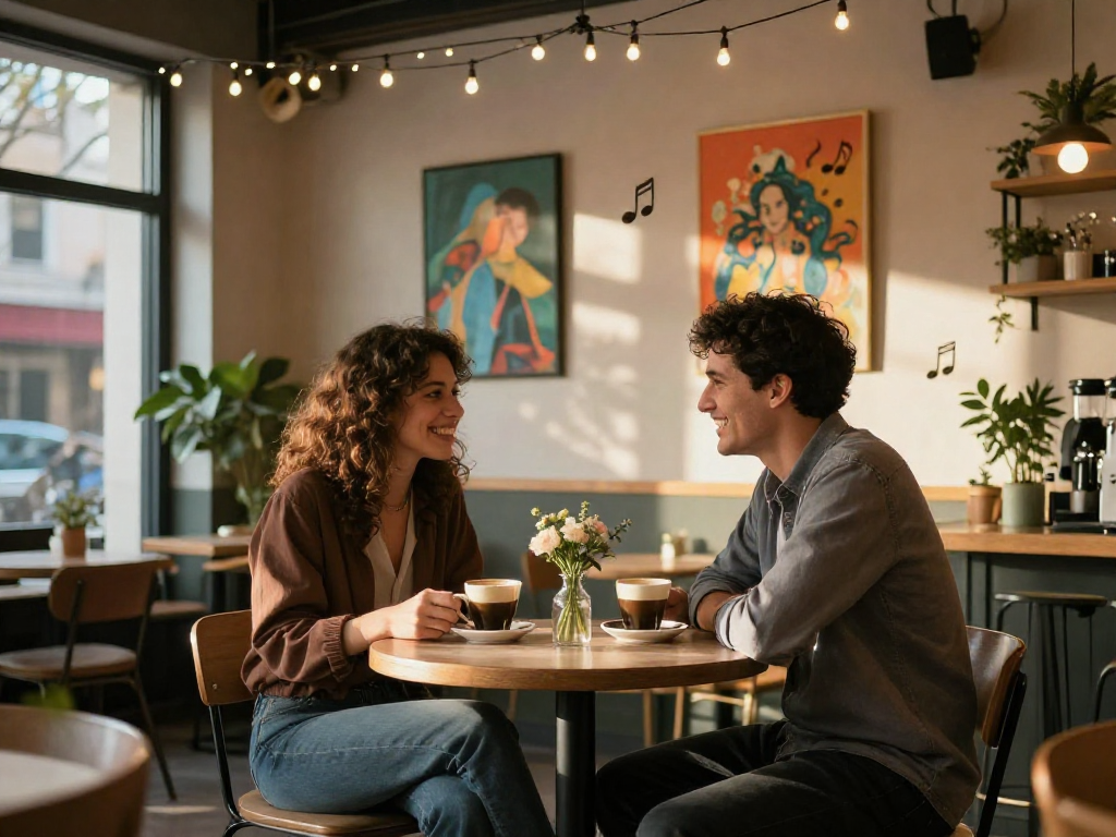 Cozy café scene capturing a moment where two people crush on each other over coffee.