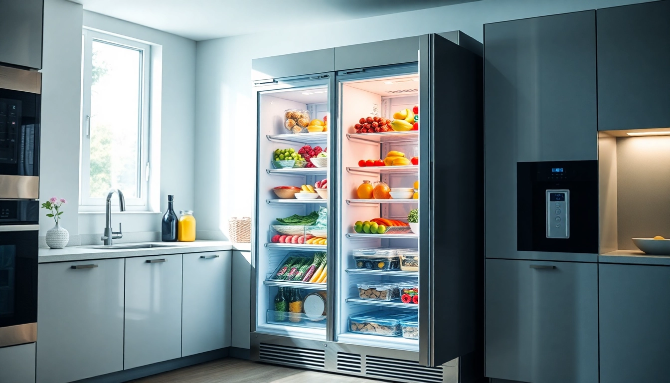 A modern freezer displaying organized food items in a stylish kitchen.