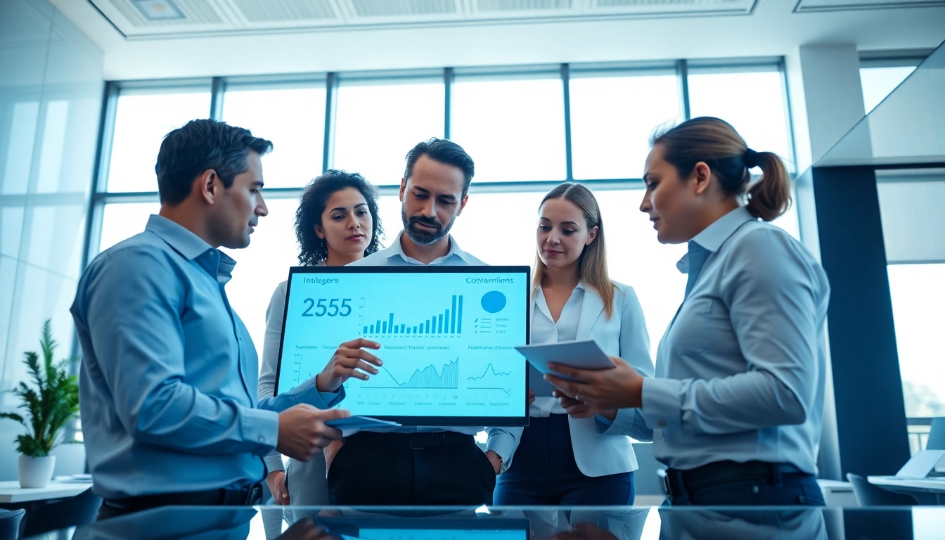 Analyze b2b competitive intelligence with a diverse team collaborating in a modern office.