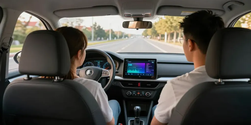 În Chișinău, un cursant obține permisul de conducere în Skoda Fabia, cu instructorul lângă el.