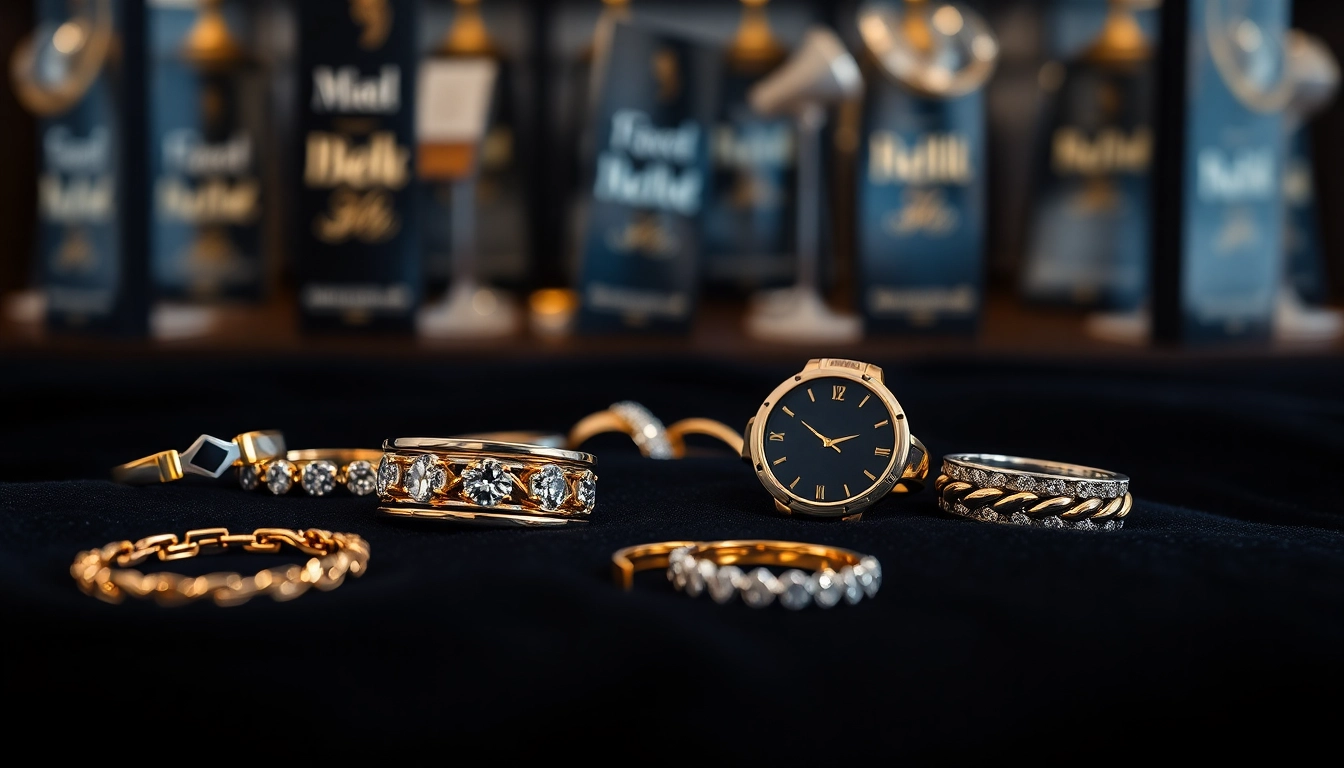 Showcase of men’s jewelry featuring luxurious designs on a velvet surface.