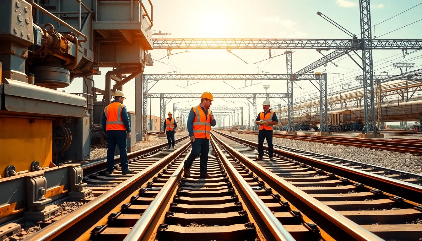 Highlighting North American rail services, workers inspect rail tracks with industrial machinery.